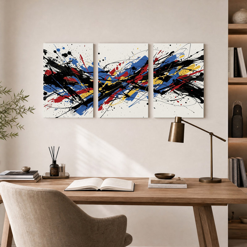 Ensemble de 3 toiles abstraites à coups de pinceau rouges, bleus, jaunes et noirs, 18"H x 12"W x 3pcs