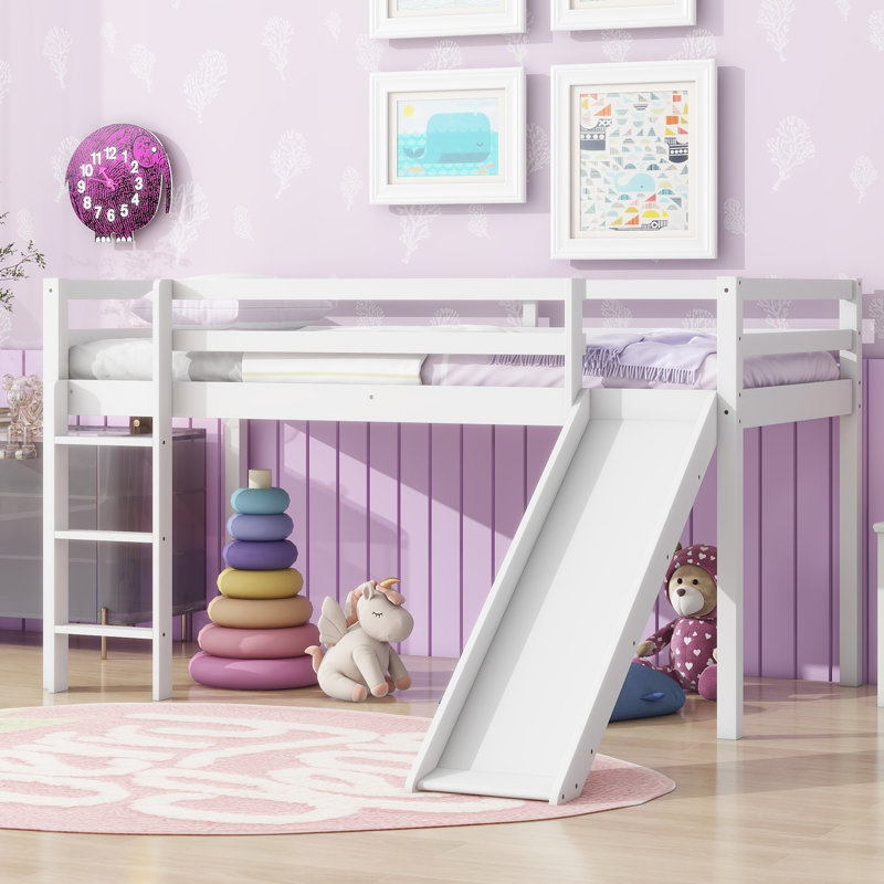 Twin Low Loft Bed with Slide and Ladder, Rubber Wood Kids Bed with Safety Guardrails, Underbed Play Space,White