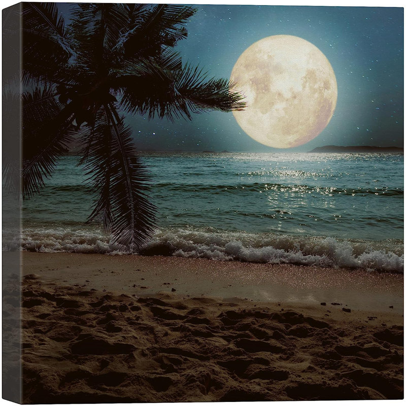 «Harvest Moon Night Sky Tropical Ocean Beach Shore», reproduction sur toile, H 16 po x l 16 po x P 1,5 po