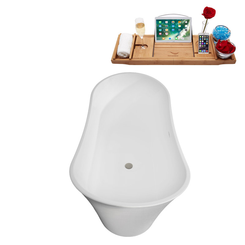 67" Streamline Soaking Freestanding Tub and Tray With Internal Drain, Brushed GunMetal