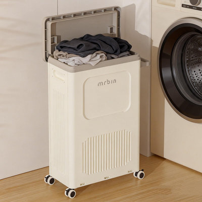 Slim Wheeled Laundry Hamper Plastic with Lid, 50L / 13gal Closet Rectangle Basket Containers, Narrow Storage Bins Rolling Utility Organizer Boxes Cart