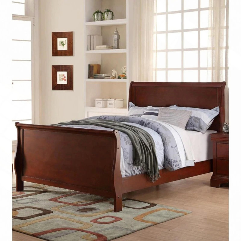 1Pc Bed Sleigh Design HB FB Plywood 1Pc Bedframe Dark Cherry Phillippe Bedroom Furniture, Twin