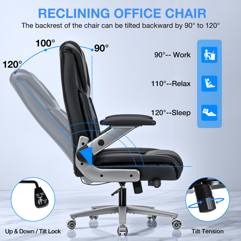 Grande et grande chaise de bureau 500 lb avec support lombaire réglable et accoudoirs rabattables 4D, sièges de direction ergonomiques très larges pour personnes lourdes
