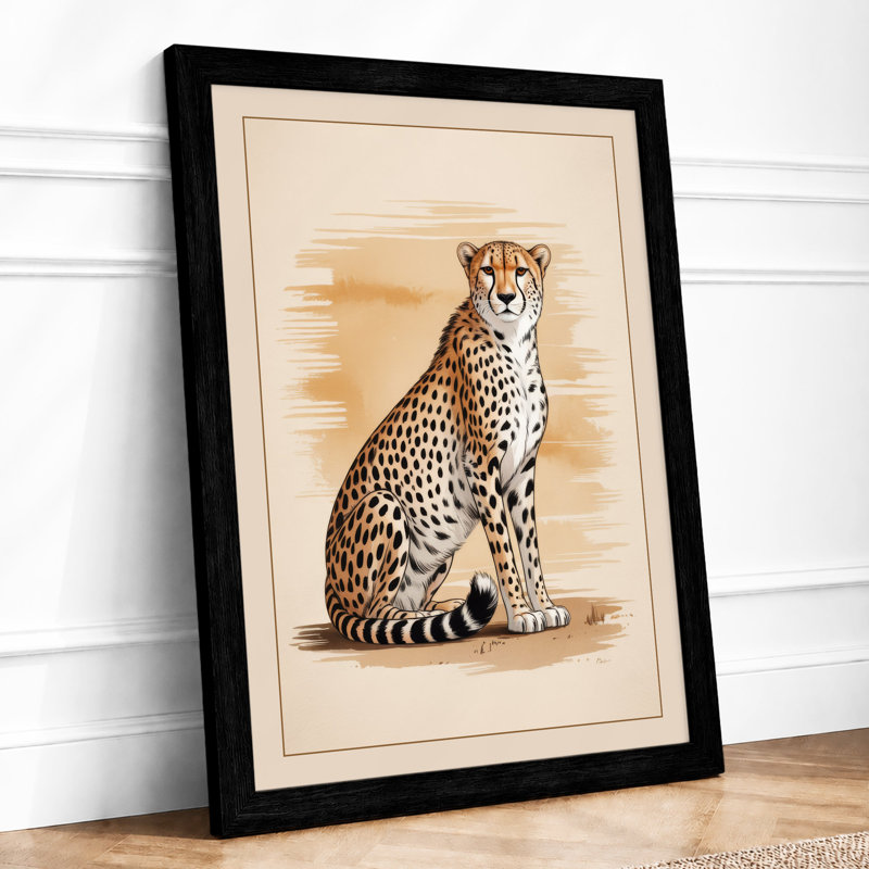 Seated Cheetah Boho - Framed Print, A3 - 42.0 x 29.7 cm, Black