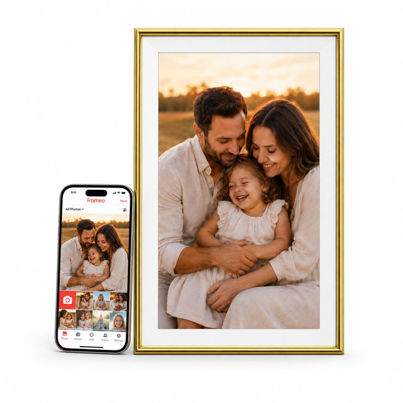  Cadre photo numérique 15,6 "WiFi avec application Frameo, affichage intelligent de photos Full HD à rotation automatique, 32 Go - or