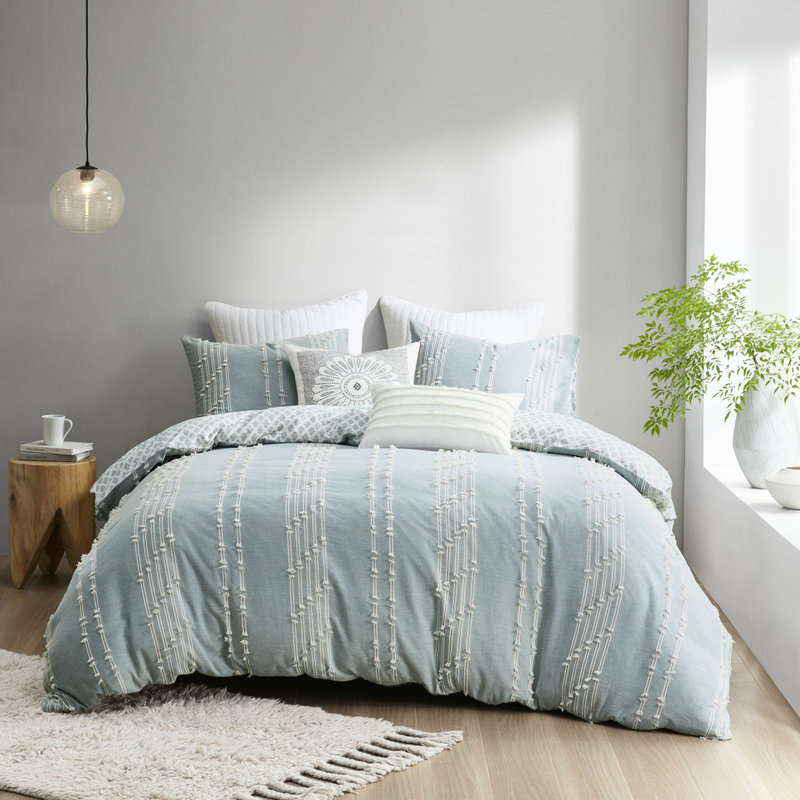 Housse de couette en coton pour lit double / grand, rayée et inversée avec conception de cravate intérieure pour lit double / grand, attaches de coin à imprimé diamant