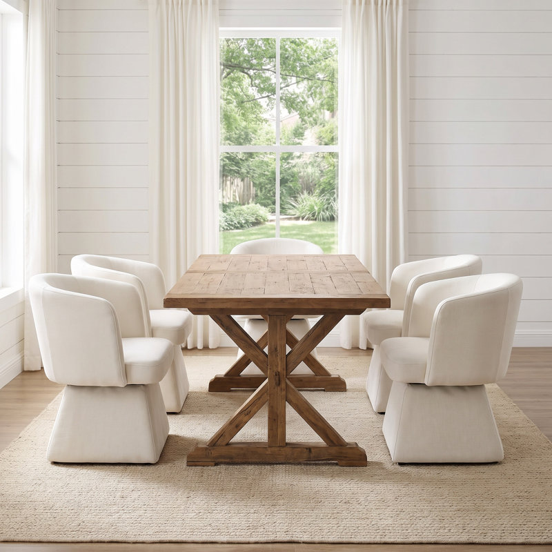Ensemble de 5 chaises de salle à manger rembourrées en lin blanc à dossier arrondi, Set of 5