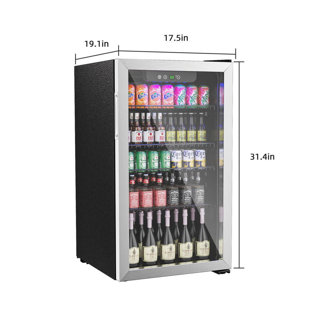 Beverage Refrigerator Cooler, 126 Can/3.2 Cubic Feet Mini Fridge with Glass Front Door, Digital Display Small Refrigerator with Adjustable Shelves for Soda, Beer or Wine, Sliver Erivess