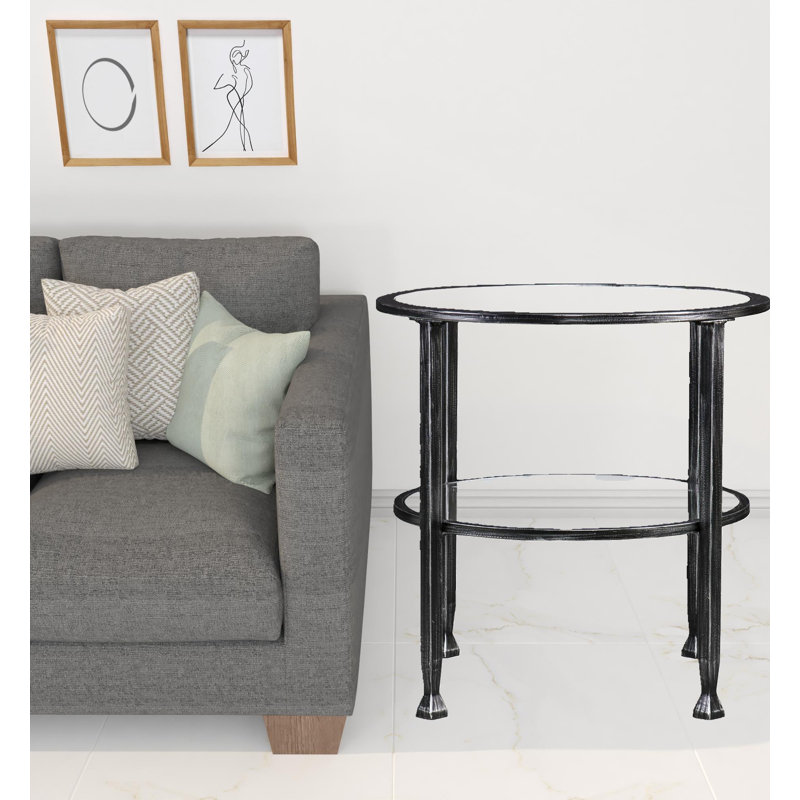 Jordyan 24" Glass And Distressed Iron Round End Table With Shelf, Black