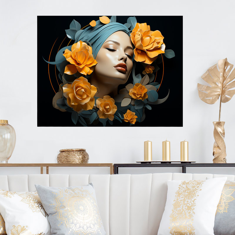 Noir et jaune, mode florale, portrait de fleurs - mode, art mural en métal MT133290, H 16 po x l 32 po x P 1 po