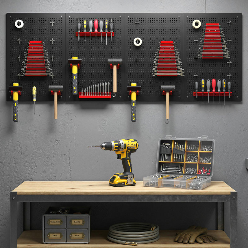 38 panneaux perforés en métal 38 pièces avec accessoires, noir et rouge, H 0,8 po x l 63 po x P 23,6 po