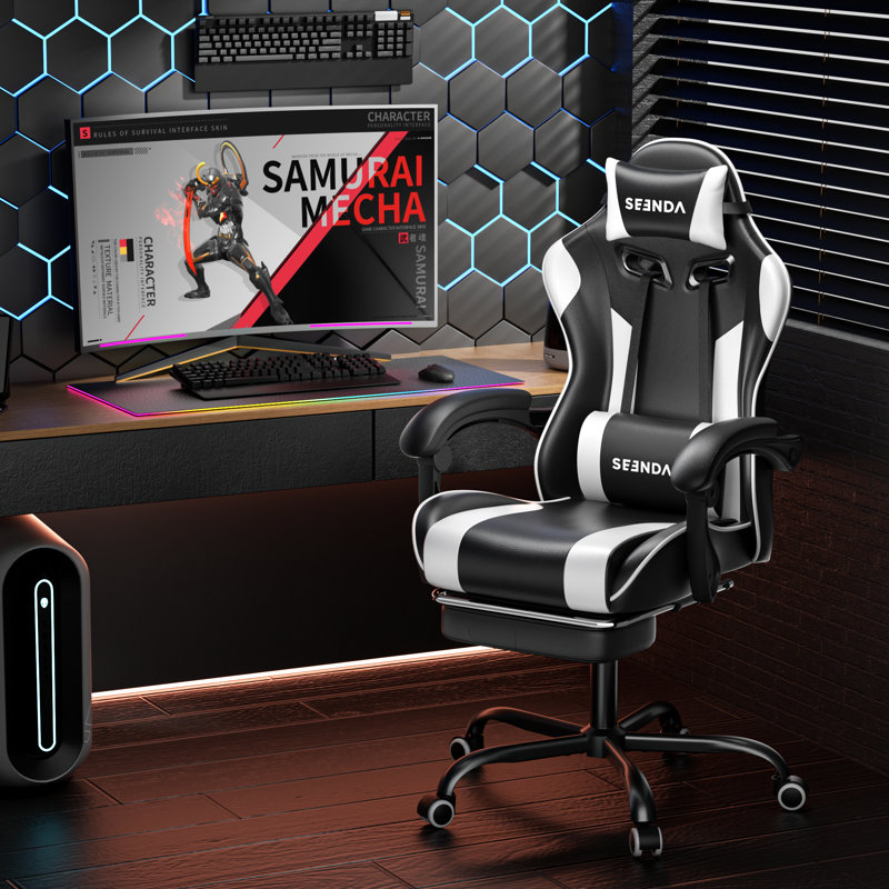 High-Back Massage Adjustable Reclining Ergonomic Faux Leather Swiveling PC & Racing Game Chair with Footrest, Black/White