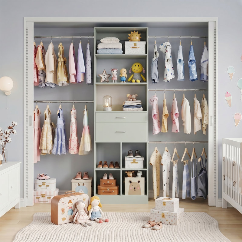 38.9-48.9”Closet System With Adjustable Rods & Drawers, Green