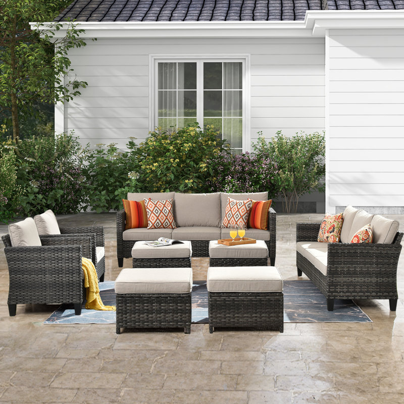 Ensemble de conversation avec canapé en rotin et coussins 8 pièces pour terrasse, Beige