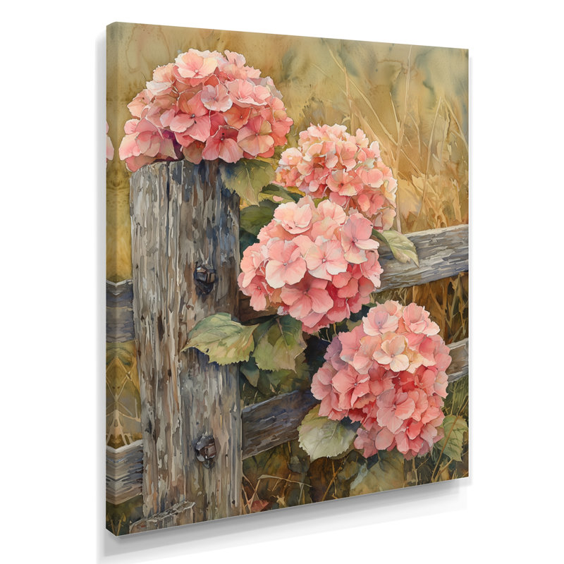 Farm Hydrangeas By The Fence I - Art mural sur toile florale, H 40 po x l 30 po, Toile tendue, Ne s’applique pas