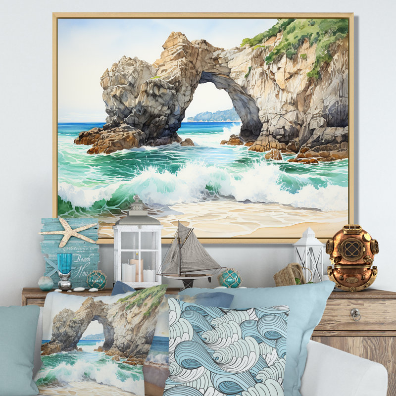 Coastal Rock Arch Beach 1 - Vagues côtières, art mural, Cadre flottant brun, H 34 po x l 44 po x P 1,5 po