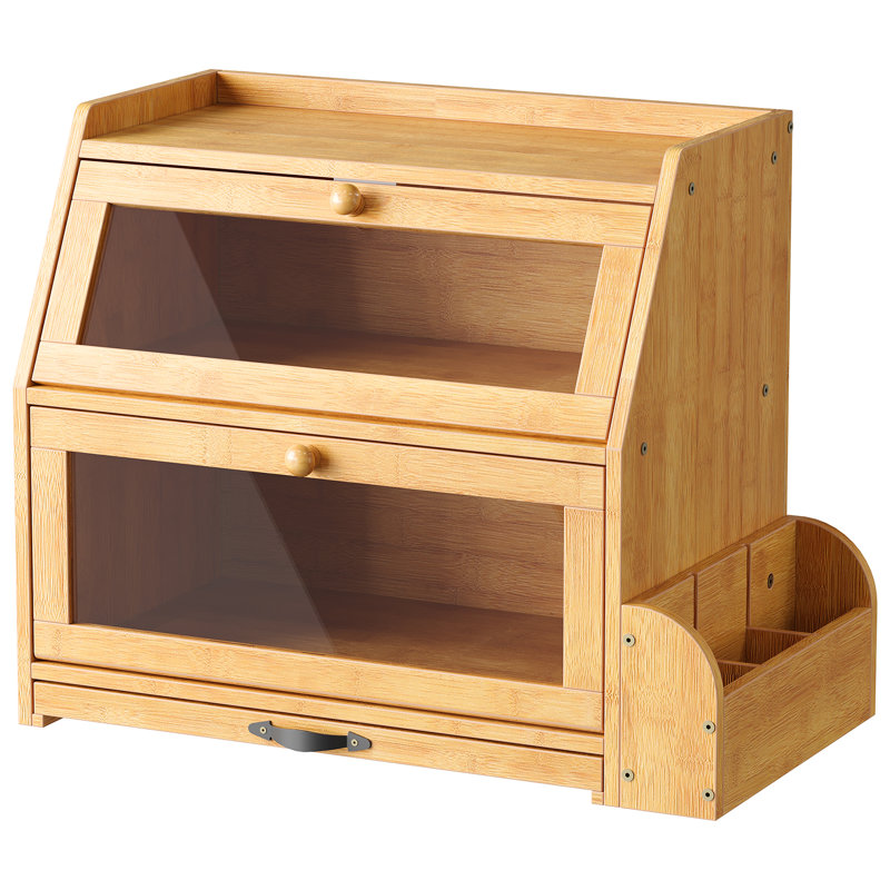 Bamboo Bread Box, 2-Tier Bread Container with Cutting Board and Knife & Fork Holder