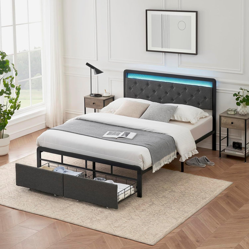 Queen Size Bed Frame with Led Light Headboard, Upholstered Bed Frame with Headboard and 2 Storage Drawers, No Box Spring Needed, Easy Assembly