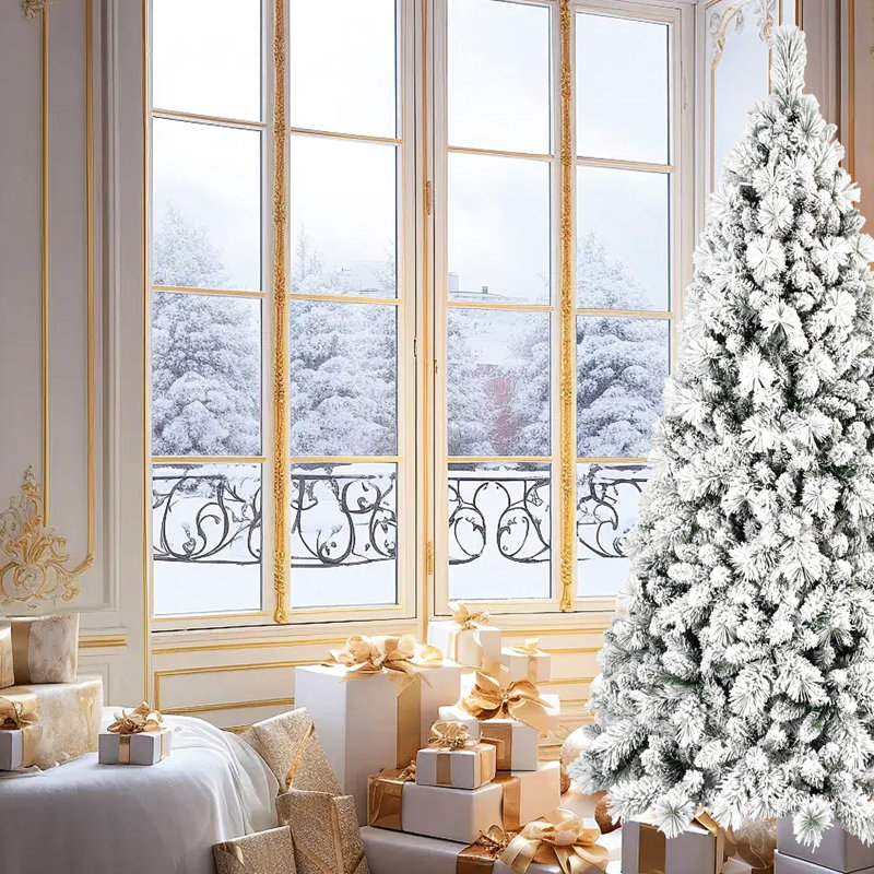 Arbre de Noël 48 pouces floqué, 150 blanc chaud intégré, 350 branches, système à charnières pour un assemblage sans effort, support en métal robuste