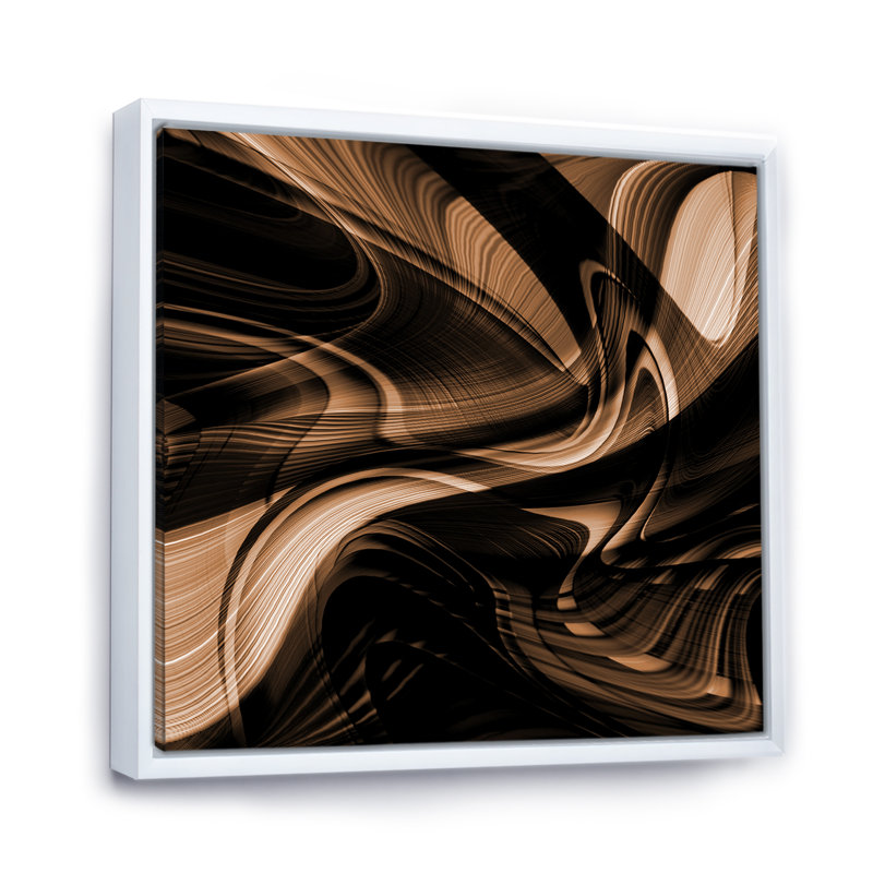 Art abstrait abstrait vague brune - art mural moderne sur toile, H 16 po x l 16 po x P 1 po, Cadre flottant blanc