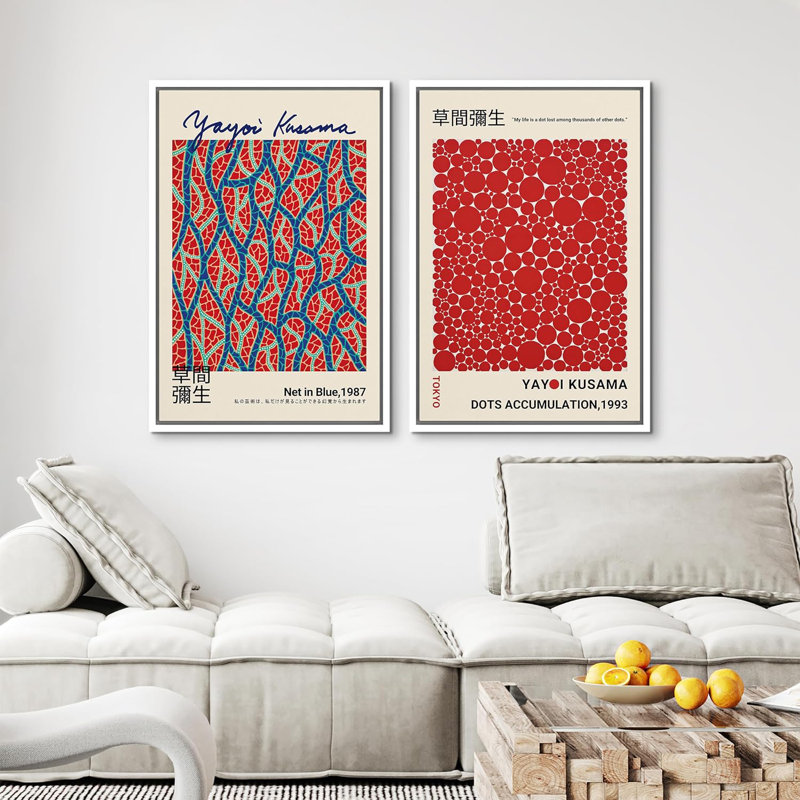 "Classical Artwork Net In Blue, Red Dots Accumulation" par Yayoi Kusama, reproduction d'art sur toile encadrée japonaise 2 pièces