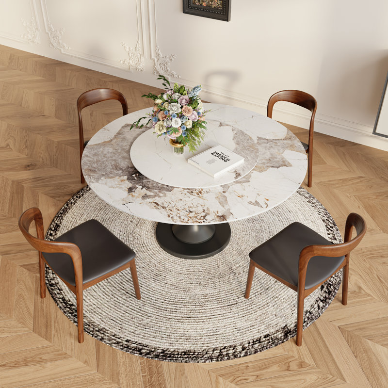 5PCS Round Dining Table Set For 4/6/8, Modern Kitchen Table With Lazy Susan And Solid Wood Base, 29.52"H x 59.05"L x 59.05"W