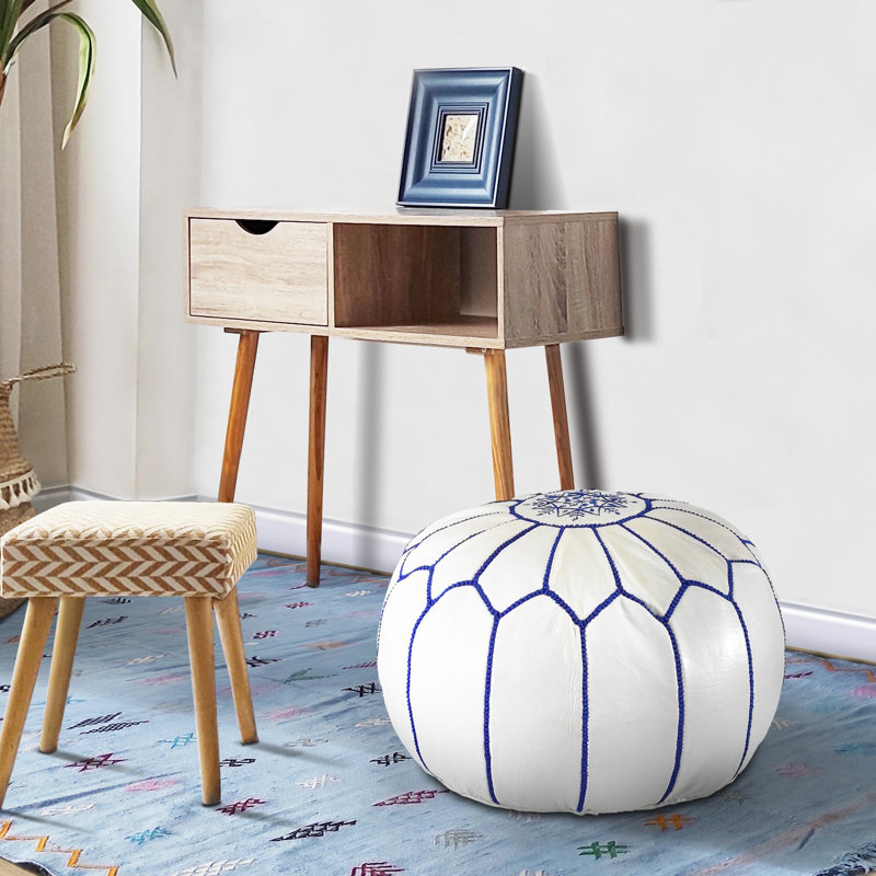 Leather Pouf, White/Blue Genuine Leather