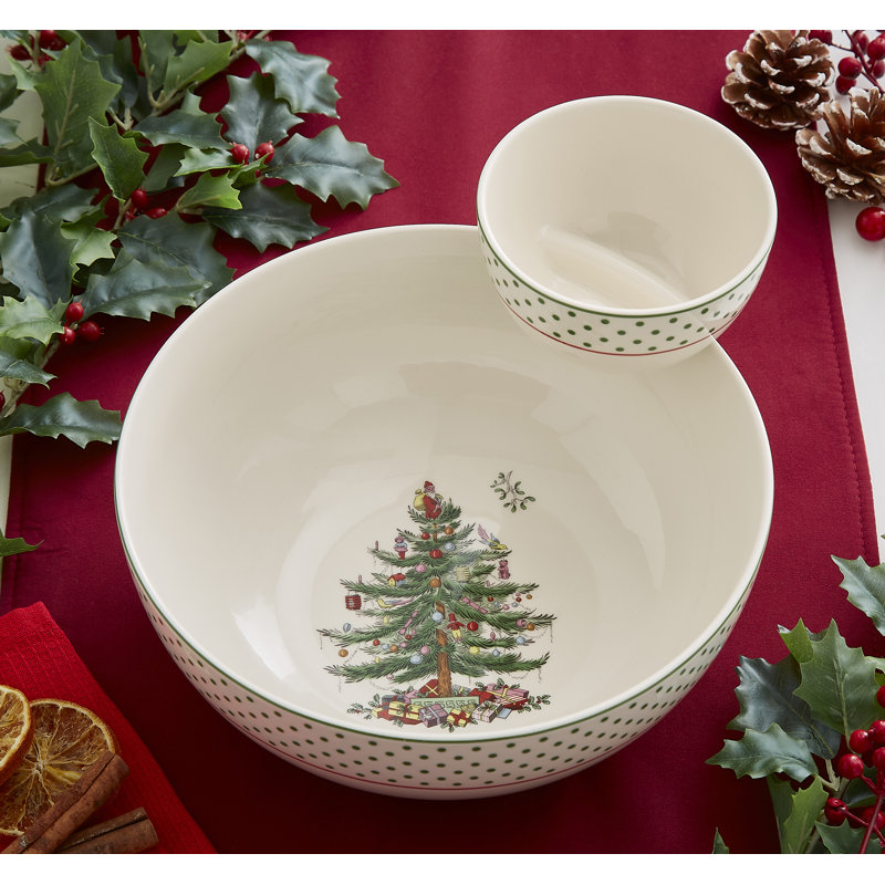 Spode Christmas Tree Polka Dot 2-Piece Tiered Chip and Dip, Set of 2