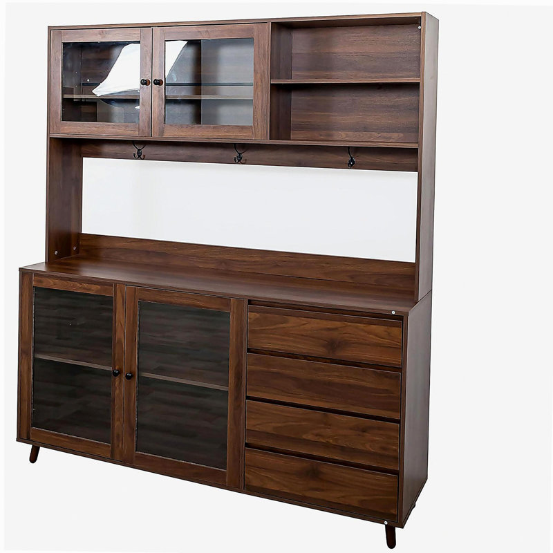 63 Inches W Large Kitchen Wall Cabinet, Freestanding Storage Cabinet Kitchen Cabinet, with 4 Doors, 4 Drawers, and Microwave Rack, Walnut Color