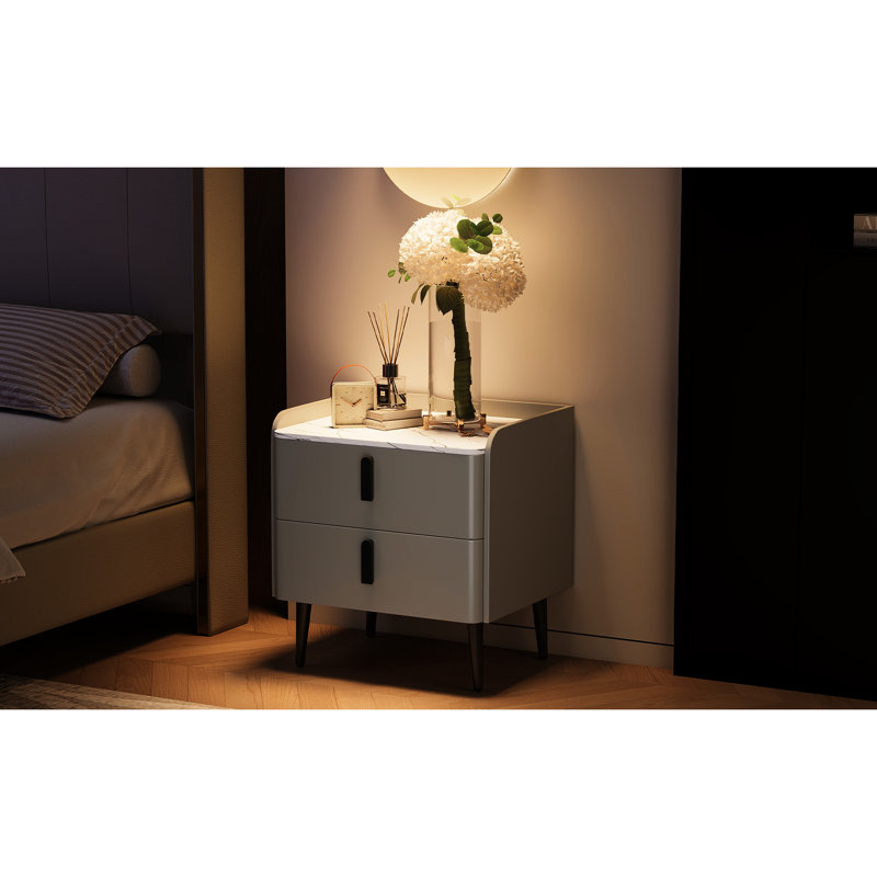 Table d'appoint moderne en gris avec plateau en marbre et 2 tiroirs, idéale pour les espaces de vie de chambre à coucher