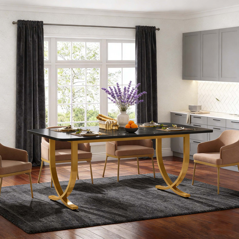 Table de salle à manger moderne avec plateau en faux marbre, Noir et or