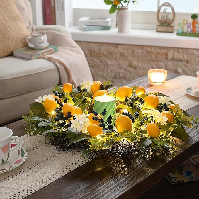 Couronne de citron artificielle d'été pour porte d'entrée avec lumières, couronne de porte de printemps avec eucalyptus et feuilles de bleuet pour maison de campagne décorative d'automne, 24 po