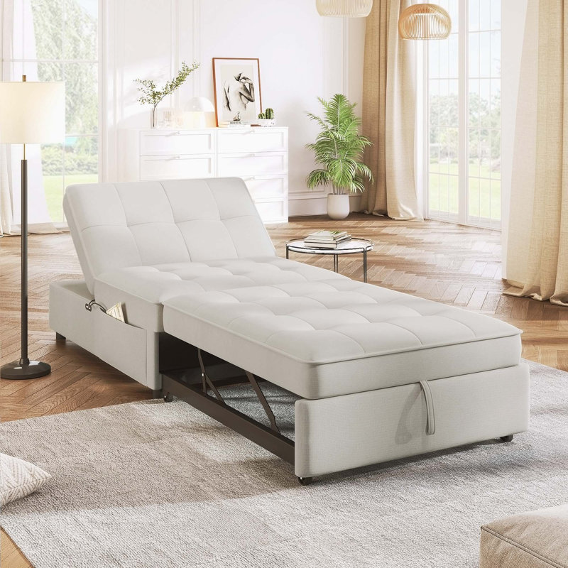 Versatile Folding Ottoman Bed with Storage and USB Port for Various Rooms, White Linen