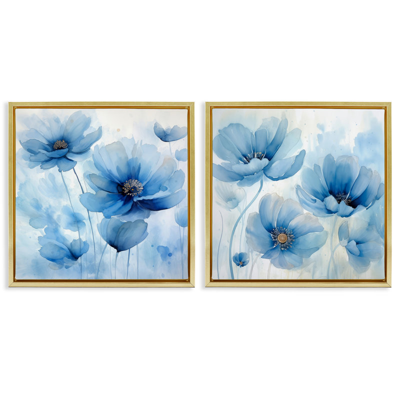  Ensemble de 2 toiles flottantes saturées "Blue Blossoms" par Irena Orlov, H 18 po x l 18 po, Cadre flottant métallique doré