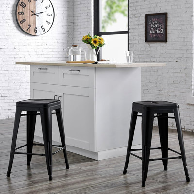 Industrial, Weight, Backless, Metal Bar Stools, 24" Seat, Distressed Black, 4 Leg Design, Weather - , Outdoor And Indoor Restaurant Seating Rustic, Of 2, Minimalist X Shaped Crossbar, Stackable,