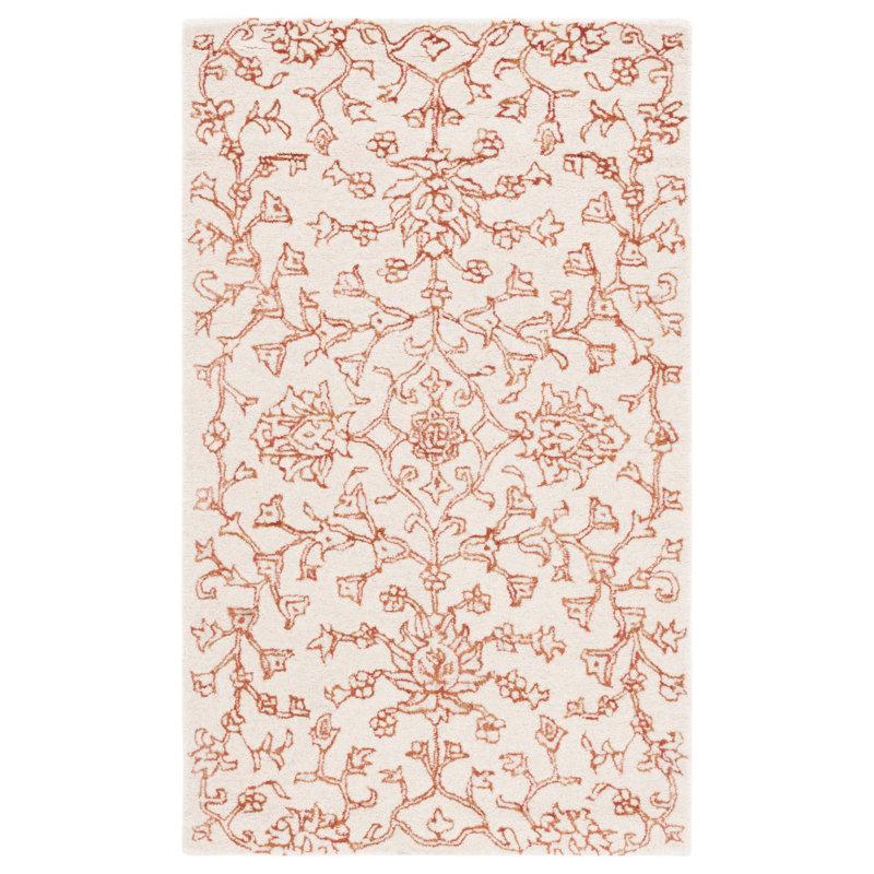 Dupin Hand Tufted Wool/Viscose Floral Rug in Ivory/Rust, Rectangle 3' x 5'