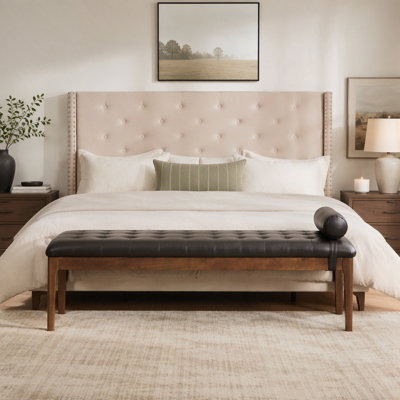 Button Tufted End of Bed Bench with Headrest, Faux Leather & Walnut Legs