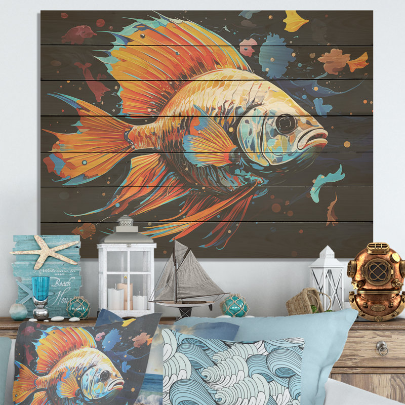Impression orange sur fond orange Pop Art Fish II - Poisson papillon sur bois, H 10 po x l 20 po