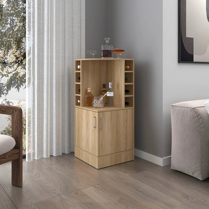 Bar d'angle avec porte-bouteilles et tablette ouverte, Bois naturel