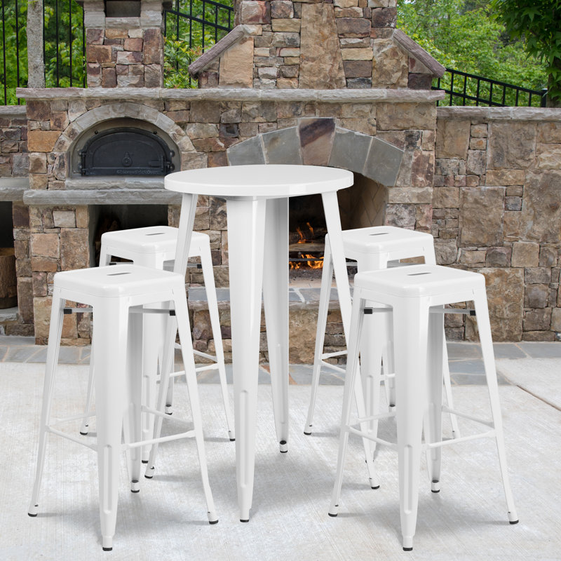 Colbert 30'' Round Metal Indoor-Outdoor Bar Table Set with 4 Square Seat Backless Stools, White, 41" H x 24" W x 24" L