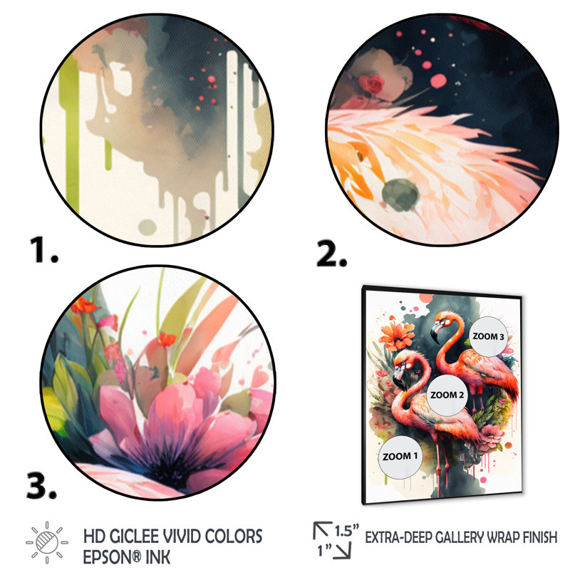 Mignon flamants roses - Peinture sur toile, H 20 po x l 12 po x P 1 po, Cadre photo noir