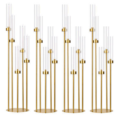 Ensemble de 4 candélabres sur pied de 100 cm (39,4 po) en métal doré, à 5 bras, avec abat-jour en acrylique, pour décoration intérieure et fêtes d'anniversaire, compatibles avec les bougies coniques LED.