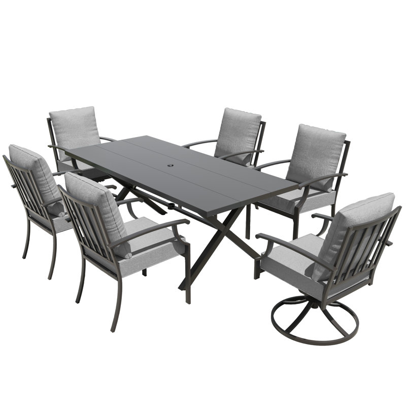7-Piece Outdoor Metal Dining Set With X-Leg Table, 4 Stackable Chairs & 2 Swivel Rockers, Gray