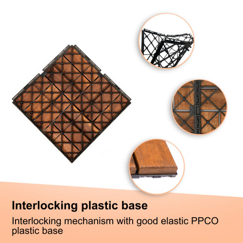 Carreaux de terrasse en bois d'acacia emboîtables 12 po x 12 po (10 pièces) - Motif damier brun