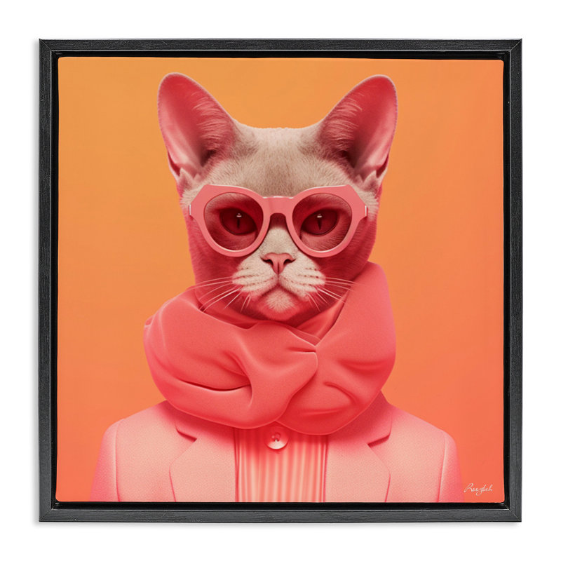 Chat rétro sur cadre flottant orange, design par Roozbeh, H 25 po x l 25 po, Cadre flottant noir de jais