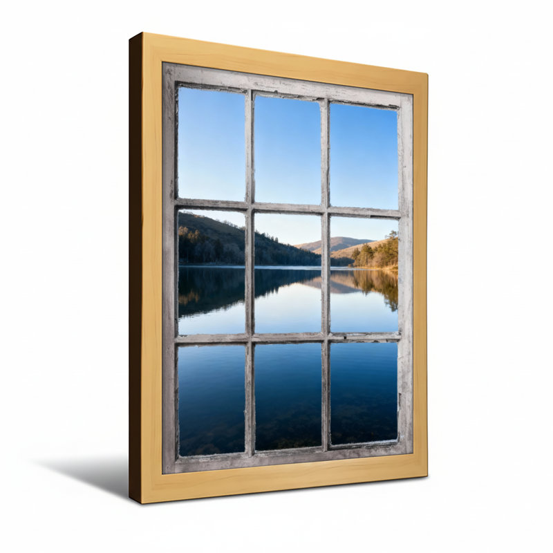 Landscape & Nature Lake Reflection Mountain Sky Wood Frame Window View Nature Scene, 24" H x 16" W, Wrapped Canvas
