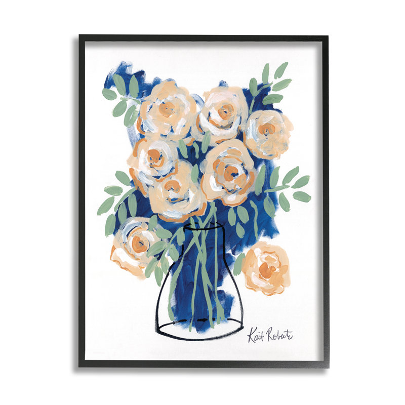 Abstrait fleur tourbillonnant roses roses dessin au trait surdimensionné noir encadré estampe numérique par Kait Roberts
