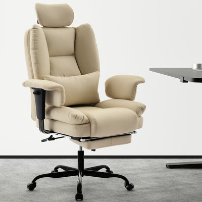 Ergonomic Beige Pu Computer Chair With Adjustable , Lumbar Cushion, And Double - Layer Spring For Comfort Support, Extendable Footrest Study