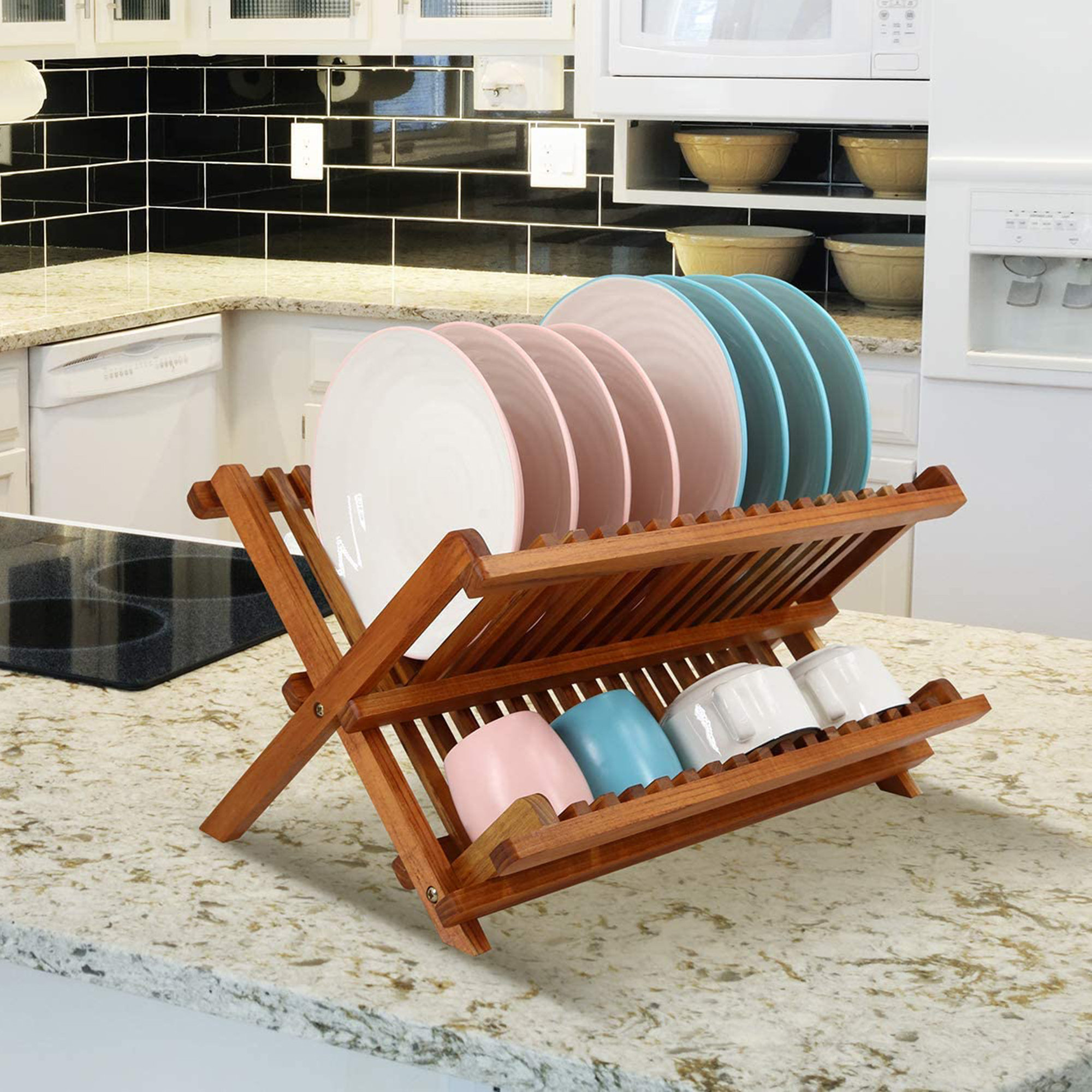 Koala Company Teak Dish Drainer Rack Collapsible 2 Tier Dish Rack Dish ...