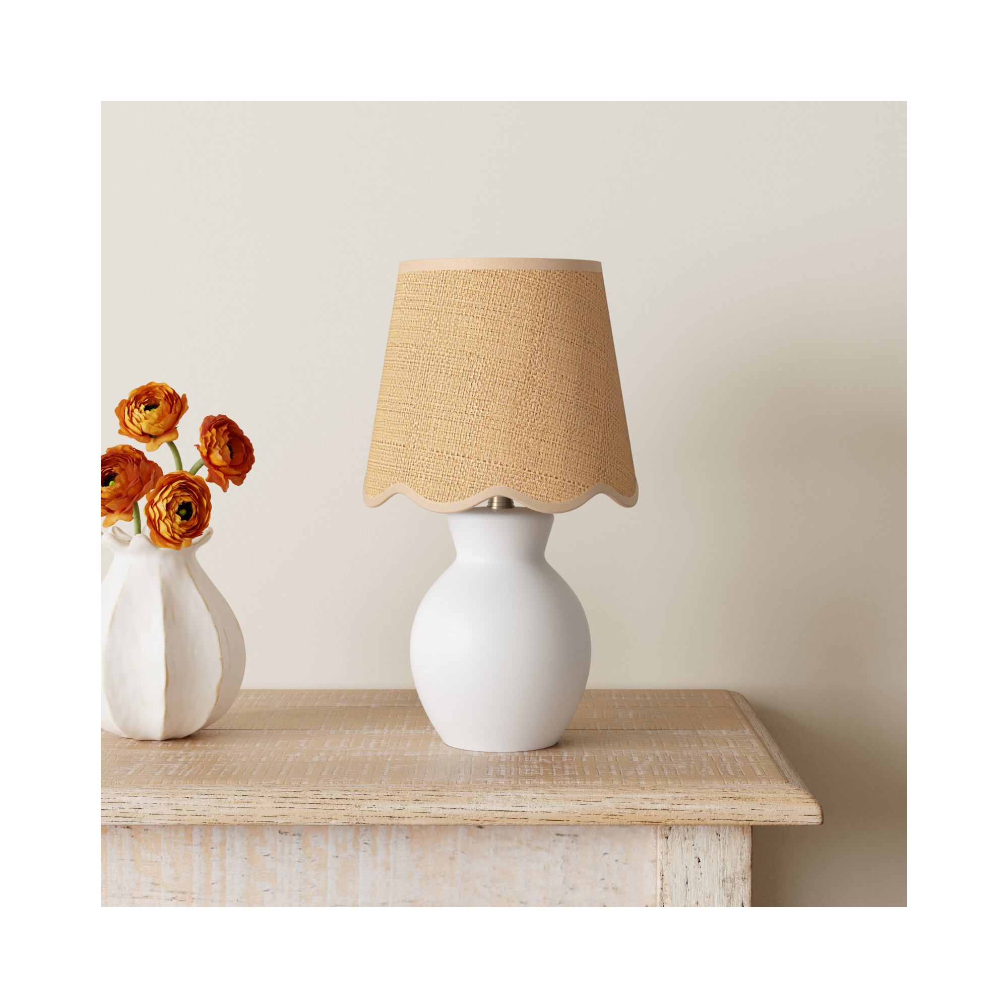 Momsen Scallop Shade Matte Lamp, White, Natural, 15"H x 8"W x 8"D